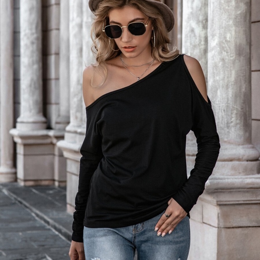 h. grey one shoulder asym long sleeve top - Picture 4 of 8